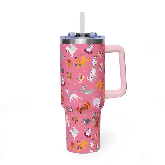 Discover Classic Disney Dogs Pink Tumbler, Animated Puppy Aesthetic 40oz Travel Mug, Premium Insulated Pink Handle Cup