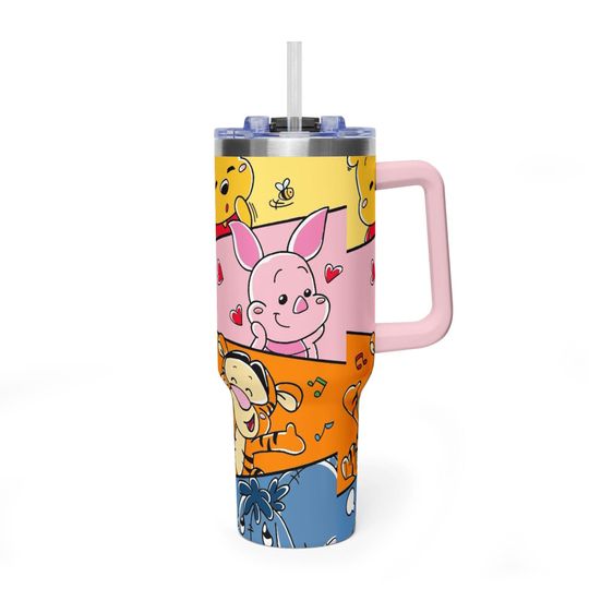 Discover Classic Winnie the Pooh Pink Handle Tumbler, Comic Strip Aesthetic 40oz Travel Mug, Premium Insulated Piglet & Tigger Cup