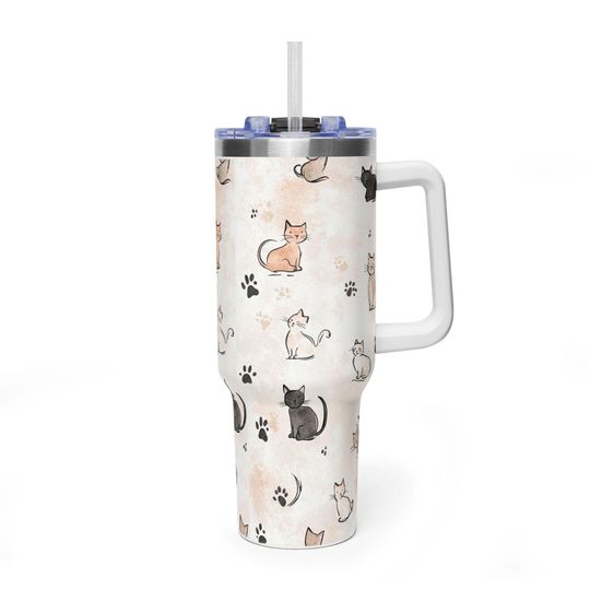 Discover Classic Watercolor Kitten White Tumbler, Boho Cat Lover Aesthetic 40oz Travel Mug, Premium Insulated Handle Cup