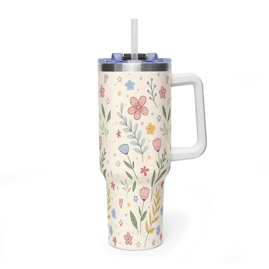 Discover Boho Floral & Stars Cream Tumbler, Scandi Botanical Aesthetic 40oz Travel Mug, Premium Insulated Handle Cup