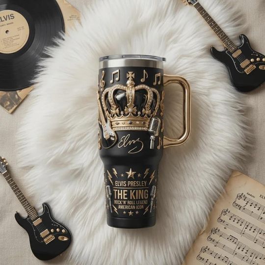 Discover Vintage King Of Rock And Roll 40oz Tumbler with Handle, Gold Crown Music Legends Insulated Travel Mug, Black Retro Iced Coffee Cup