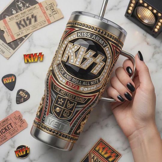 Discover Glam Rock And Roll Legend 40oz Tumbler with Handle, Vintage 70s Hard Rock Band Insulated Travel Mug, Sparkle Metal Iced Coffee Cup