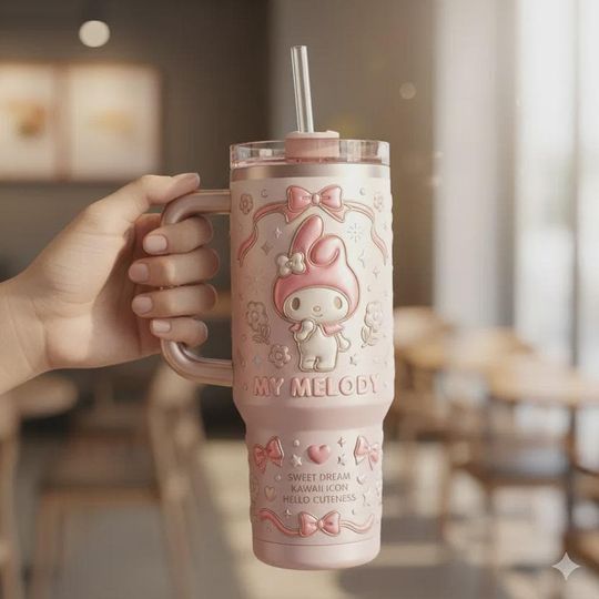 Discover Sweet Kawaii Pink Bunny 40oz Tumbler with Handle, Cute Pastel Girl Aesthetic Insulated Travel Mug, Anime Lover Iced Coffee Cup Gift