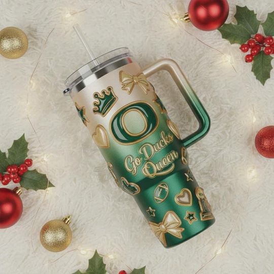 Discover Green Gold College Football Queen 40oz Tumbler with Handle, Sports Fan Mom Insulated Travel Mug, Game Day Tailgate Iced Coffee Cup Gift