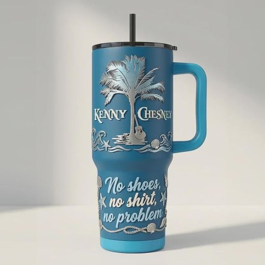 Discover Tropical Beach Country Music 40oz Tumbler with Handle, Summer Vacation Palm Tree Island Insulated Travel Mug, Blue Iced Coffee Cup
