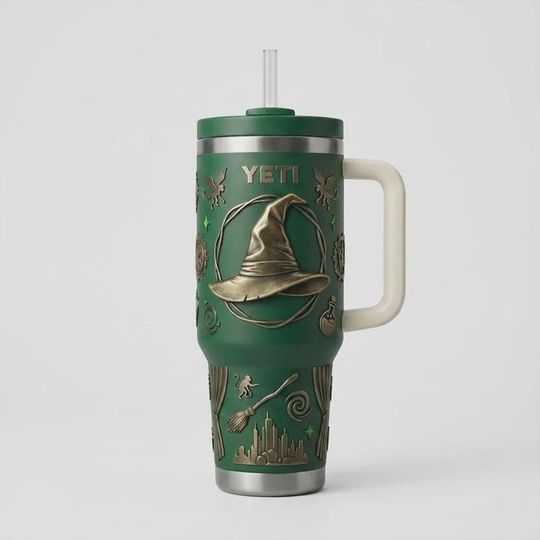 Discover Emerald Green Wicked Witch 40oz Tumbler with Handle, Magic Hat Fantasy Musical Insulated Travel Mug, Spooky Iced Coffee Cup Gift