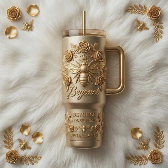 Discover Golden Queen Bee Pop Music Fan 40oz Tumbler with Handle, Luxury Rose Floral Insulated Travel Mug, Royal Honey Iced Coffee Cup Gift