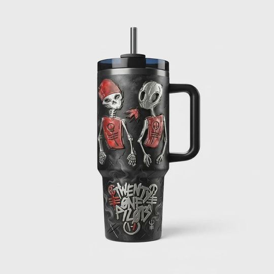 Discover Alternative Rock Alien Skeleton 40oz Tumbler with Handle, Emo Pop Punk Band Insulated Travel Mug, Edgy Goth Iced Coffee Cup Gift