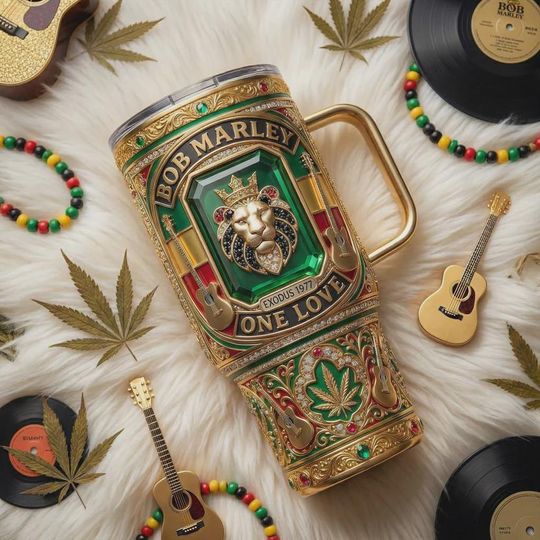 Discover Tropical Reggae Music Lion 40oz Tumbler with Handle, Peace And Love Rasta Culture Insulated Travel Mug, Weed Iced Coffee Cup Gift