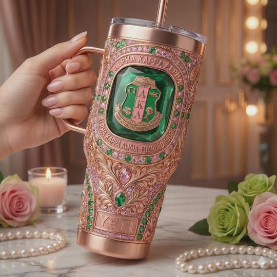 Discover Pink Green Sorority Sister 40oz Tumbler with Handle, 1908 Greek Letter Insulated Travel Cup, Rose Gold Sparkle Iced Coffee Cup Gift