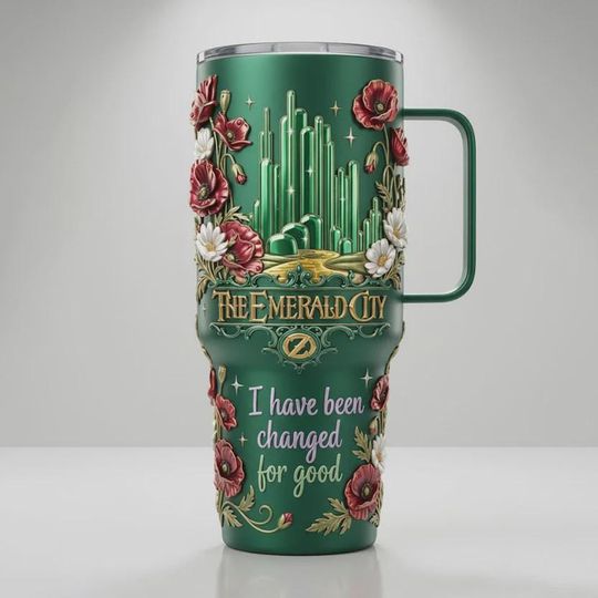 Discover Emerald Green Fantasy Castle 40oz Tumbler with Handle, Red Poppy Flower Magic Insulated Travel Cup, Witchy Aesthetic Iced Coffee