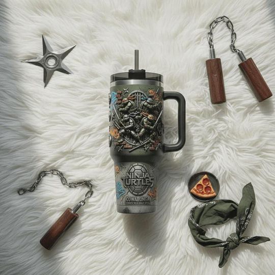 Discover Retro 80s Mutant Hero Turtles 40oz Tumbler with Handle, Nostalgic Cartoon Comic Insulated Travel Cup, Skater Boy Iced Coffee Mug