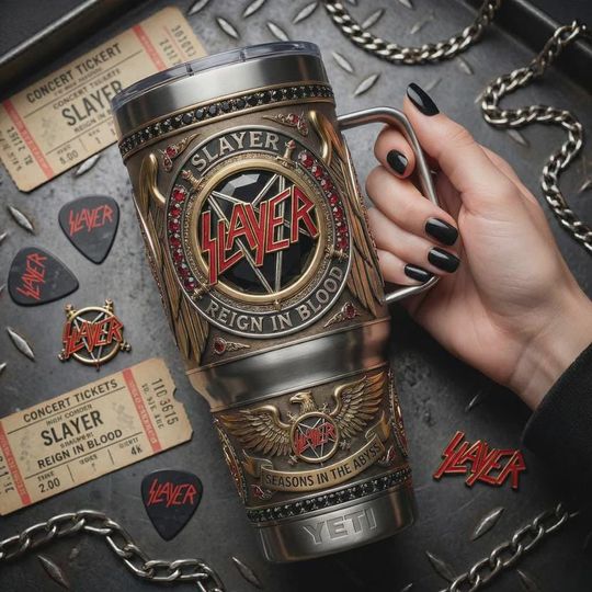 Thrash Metal Band Eagle 40oz Tumbler with Handle, Vintage Hard Rock Pentagram Insulated Travel Cup, Dark Aesthetic Iced Coffee Cup