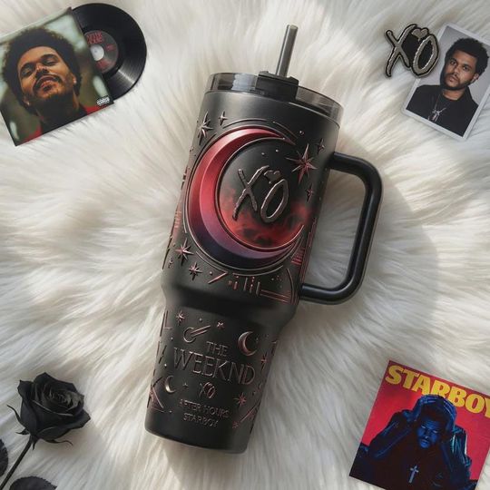 Discover Red Crescent Moon Star 40oz Tumbler with Handle, Alternative Rnb Pop Music Insulated Travel Cup, Dark Night Sky Iced Coffee Cup Gift