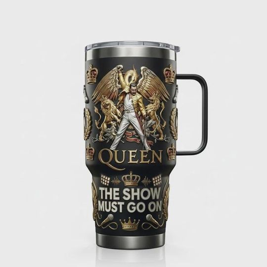 Discover Classic British Rock Legend 40oz Tumbler with Handle, Vintage Music Gold Crest Insulated Travel Cup, Retro Crown Iced Coffee Cup