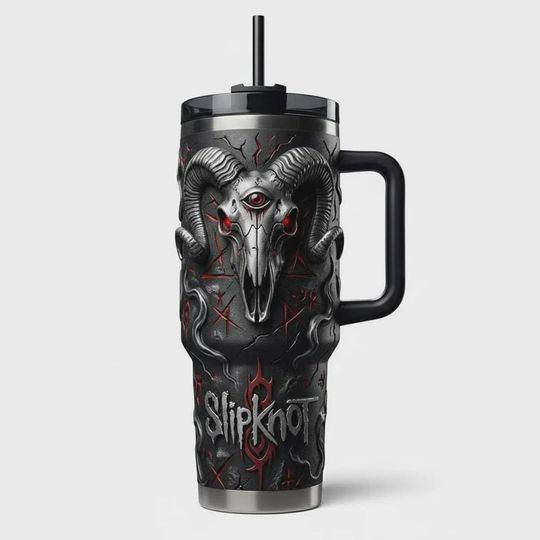 Discover Heavy Metal Horned Goat Skull 40oz Tumbler with Handle, Dark Goth Rock Band Insulated Travel Cup, Spooky Red Iced Coffee Cup Gift