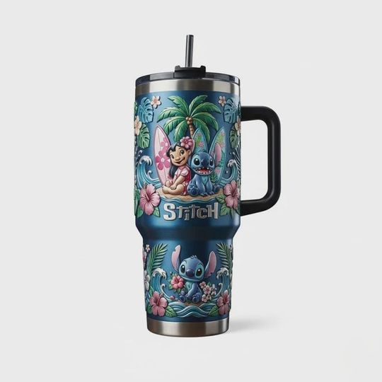 Discover Tropical Hawaiian Island Cartoon 40oz Tumbler with Handle, Cute Summer Beach Vacation Insulated Travel Mug, Ocean Iced Coffee Cup