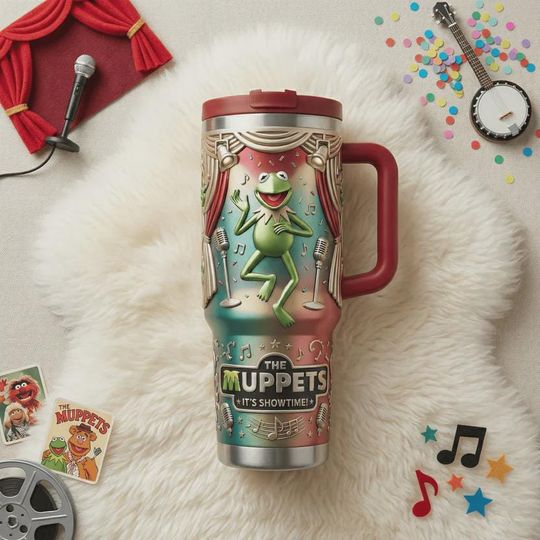 Discover Green Frog Show Time Cartoon 40oz Tumbler with Handle, Cute Stage Performance Insulated Travel Mug, Nostalgic Iced Coffee Cup