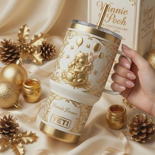 Discover Cute Honey Bear Storybook 40oz Tumbler with Handle, White Gold Childhood Nostalgia Insulated Travel Cup, Sweet Iced Coffee Cup Gift