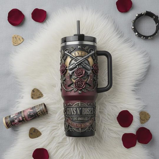 Hard Rock Heavy Metal Band 40oz Tumbler with Handle, Vintage Guns And Roses Motif Insulated Travel Mug, Edgy Iced Coffee Cup