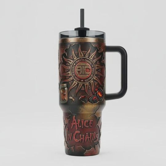 Discover 90s Grunge Rock Music 40oz Tumbler with Handle, Vintage Alternative Band Insulated Travel Mug, Dark Aesthetic Iced Coffee Cup