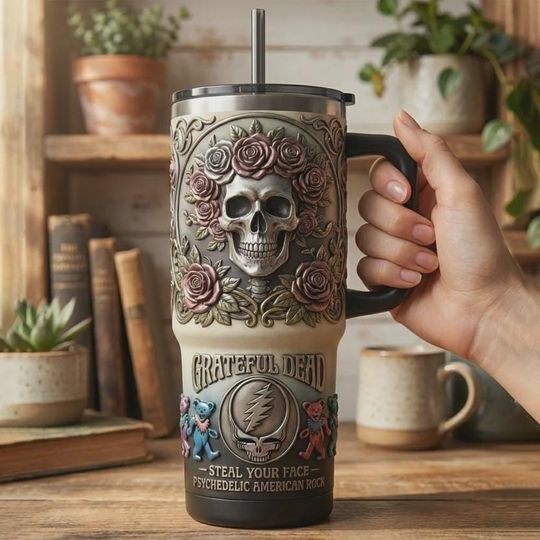 Discover Retro Hippie Flower Skull 40oz Tumbler with Handle, Psychedelic Jam Band Bears Insulated Travel Mug, Classic Rock Iced Coffee Cup Gifts