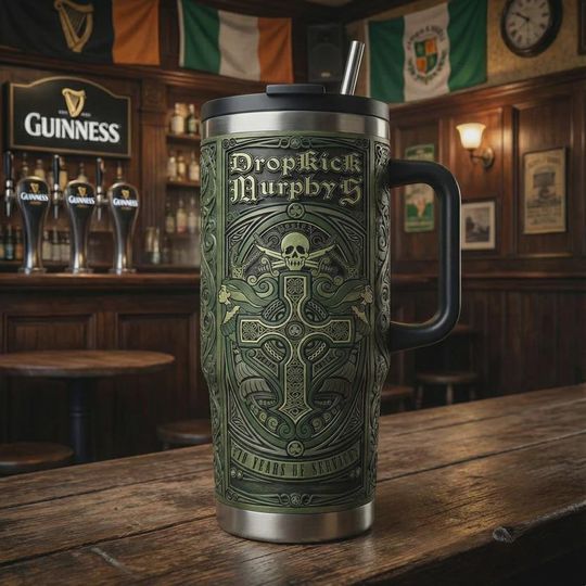 Discover Celtic Cross Skull Irish Punk Rock 40oz Tumbler with Handle, Dark Green Boston Insulated Travel Mug, Saint Patricks Day Iced Coffee Cup