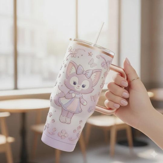Discover Pastel Pink Cute Fox Kawaii 40oz Tumbler with Handle, Floral Animal 3D Insulated Travel Mug, Sweet Girl Aesthetic Iced Coffee Cup Gift