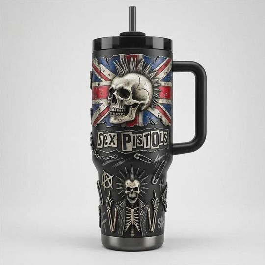 Discover British Punk Rock Mohawk Skull 40oz Tumbler with Handle, Anarchy Travel Mug