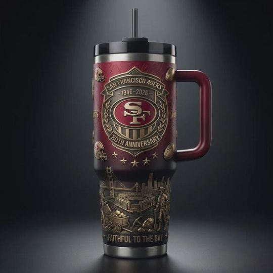 Discover Bay Area Football Fan 40oz Tumbler with Handle, Red Gold Sports Team Insulated Travel Mug, Anniversary Iced Coffee Cup Men Sports Gift