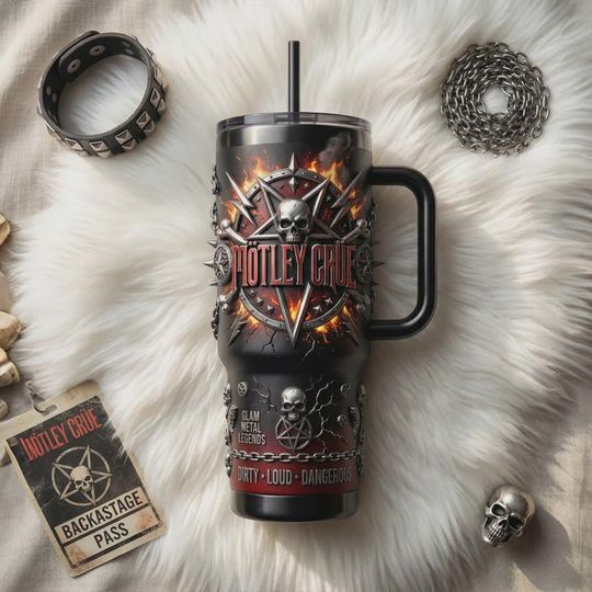 Discover Glam Metal Flaming Skull 40oz Tumbler with Handle, Hard Rock Travel Mug
