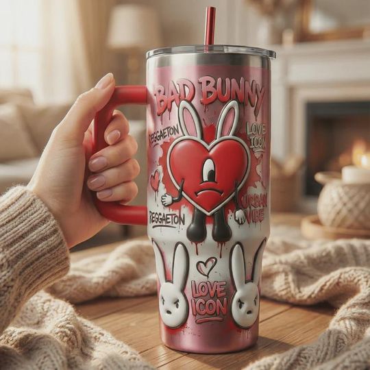 Discover Sad Heart Bunny Reggaeton Vibe 40oz Tumbler with Handle, Pink Insulated Iced Coffee Cup