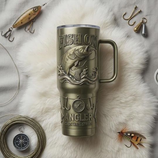 Discover Bass Fishing Angler 40oz Tumbler with Handle, Fisherman Insulated Travel Mug Gift