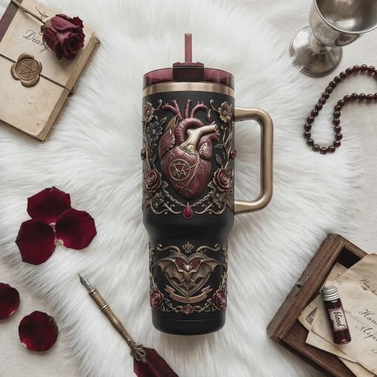 Discover Gothic Anatomical Heart Bat 40oz Tumbler with Handle, Dark Academia Insulated Cup
