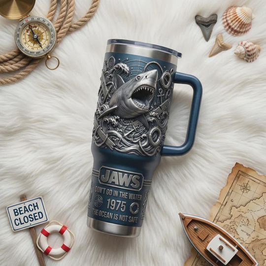 Discover 3D Shark Attack Ocean Theme 40oz Tumbler with Handle, Nautical Insulated Travel Mug