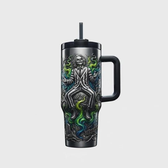 Discover Beetlejuice 40oz Tumbler with Handle Ghost with Most Gothic Gift Green Flames Insulated Travel Mug Handled Coffee Cup Spooky Movie Mug