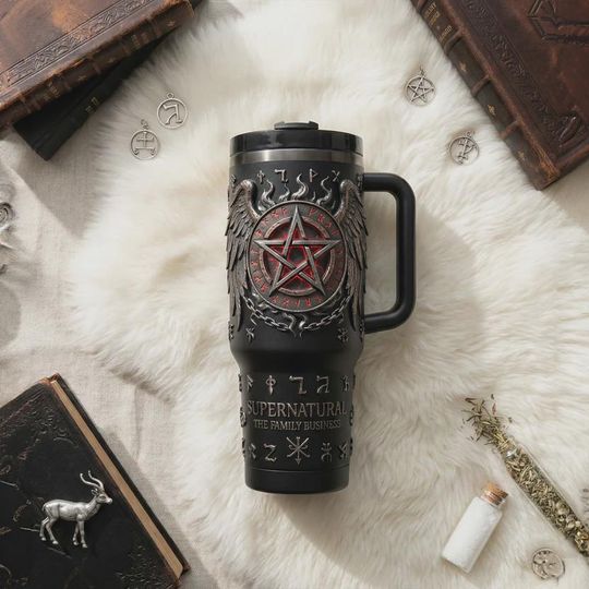 Discover Supernatural 40oz Tumbler with Handle Family Business Winchester Brothers Pentagram Insulated Travel Mug Handled Coffee Cup Black Silver
