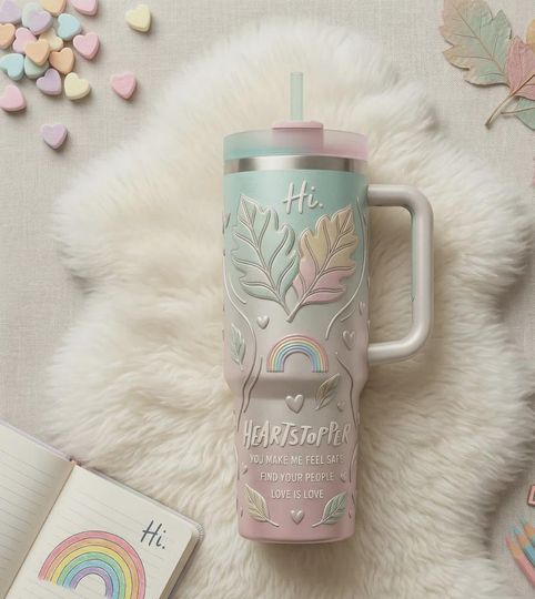 Discover Heartstopper 40oz Tumbler with Handle Love is Love Rainbow Leaf LGBTQ Pride Gift Nick and Charlie Insulated Travel Mug Pastel Handled Cup