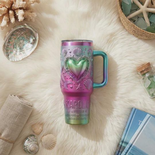 Discover Karol G 40oz Tumbler with Handle Bichota Mermaid Heart Iridescent Shell Latina Power Gift Manana Sera Bonito Insulated Purple Green Mug