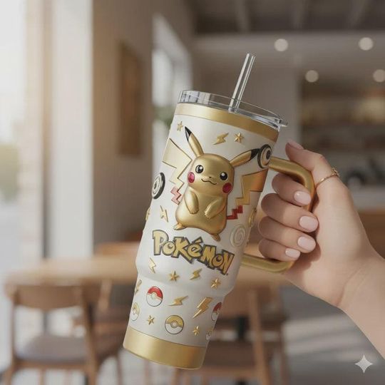 Discover Pika PKM 40oz Tumbler with Handle Gold Pika Anime Fan Gift Lightning Bolt Insulated Travel Mug White Gold Handled Coffee Cup