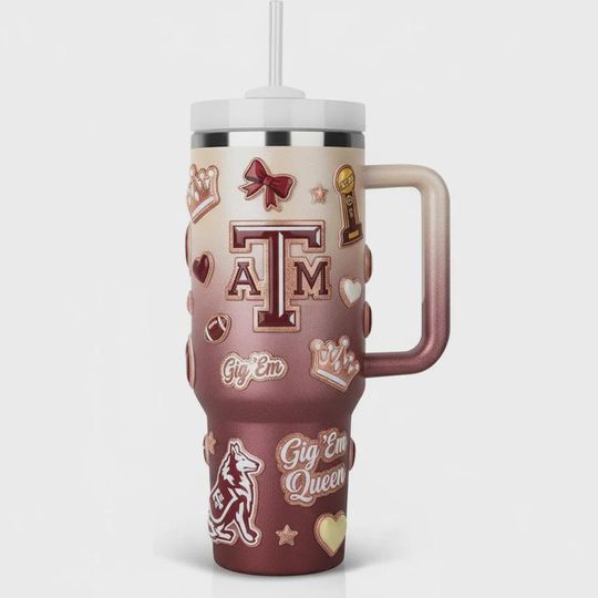 Discover Texas AM 40oz Tumbler with Handle Gig Em Queen Aggie Alumni Gift Maroon White Gradient College Football Fan Insulated Travel Mug NCAA