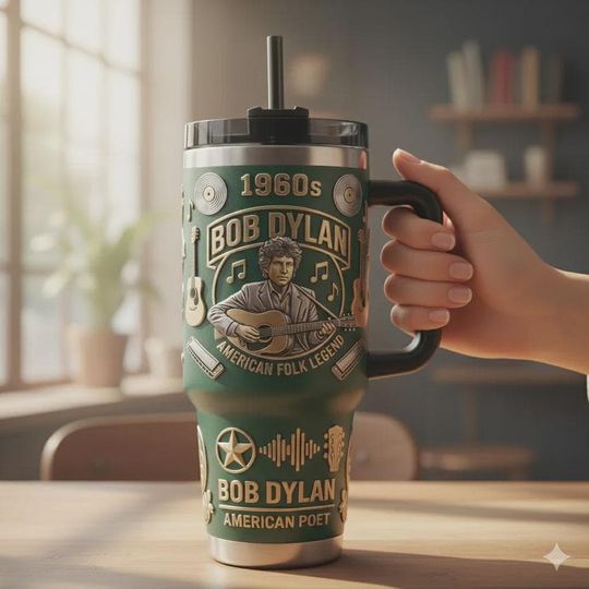 Discover Bob Dylan 40oz Tumbler with Handle American Folk Legend 1960s Retro Style Insulated Travel Mug Music Fan Gift Idea Green Gold Coffee Cup