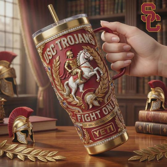 Discover USC Trojans 40oz Tumbler with Handle Fight On Custom Southern California College Insulated Travel Mug Alumni Gift NCAA Football Fans Sport