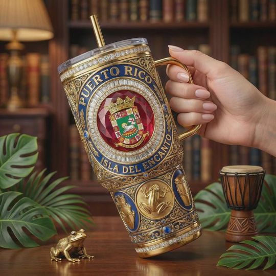 Discover Puerto Rico 40oz Tumbler with Handle Coqui Frog Isla Del Encanto Blue Gold Insulated Travel Mug Boricua Pride Gift Custom Puerto Rican Cup