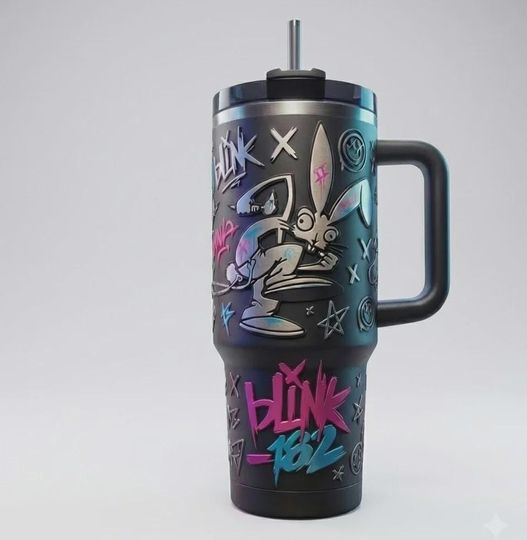 Discover B182 Pop Punk Band Graffiti Insulated Cup 40oz Mug With Handle Rock Bunny Travel Mug Engraved Iced Coffee Cup For Music Lovers