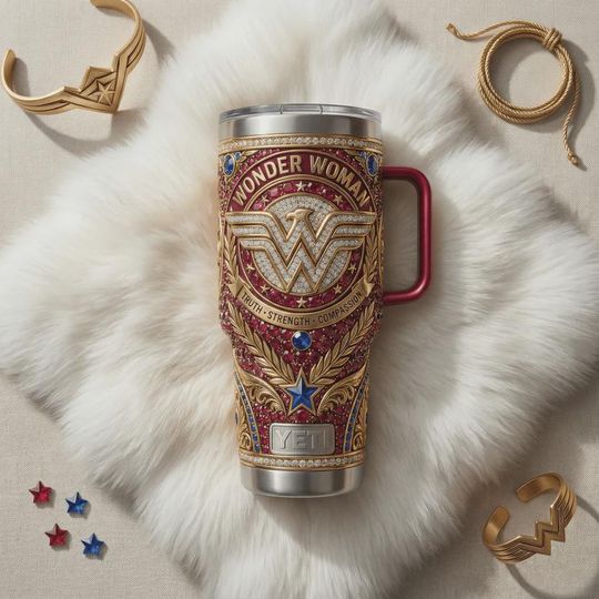 Discover Wonder Woman 40oz Tumbler with Handle Custom Superhero Gold Jeweled Insulated Mug Gift for Wonder Woman Fans Truth Strength Compassion Cup