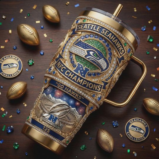 Discover Seattle Seahawks Football Team Insulated Cup 40oz Mug With Handle Gold Jeweled Travel Mug Engraved Iced Coffee Cup For Sports Fans