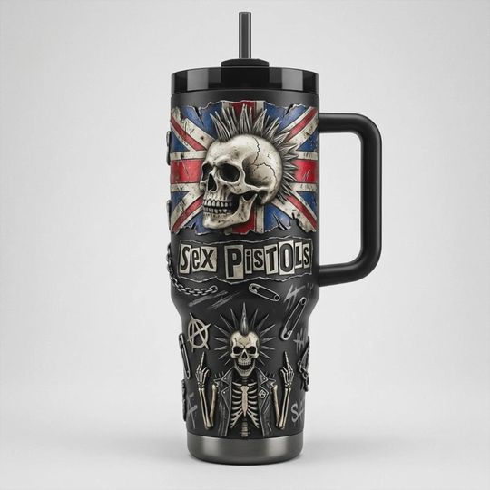 Discover sx Pistols Punk Rock Band Skull Insulated Cup 40oz Mug With Handle Union Jack Travel Mug Engraved Iced Coffee Cup For British Fans