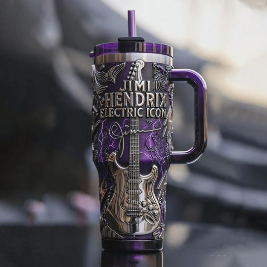 Jimi Hendrix Electric Guitar Icon Insulated Travel Mug 40oz Tumbler With Handle Purple Rock Music Engraved Iced Coffee Cup For Him
