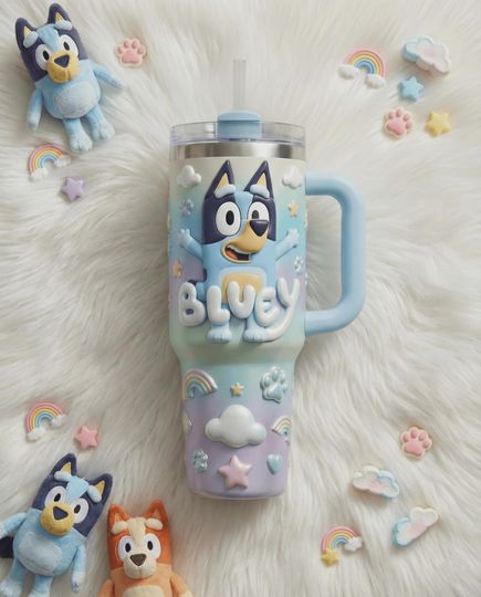BlueyDad Cartoon Dog Cute Rainbow Insulated Travel Mug 40oz Tumbler With Handle 3D Embossed Kids Show Engraved Iced Coffee Cup For Kids